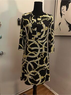 Vintage Chain Print Mini Dress Black Gold Hermès Style Shift Dress